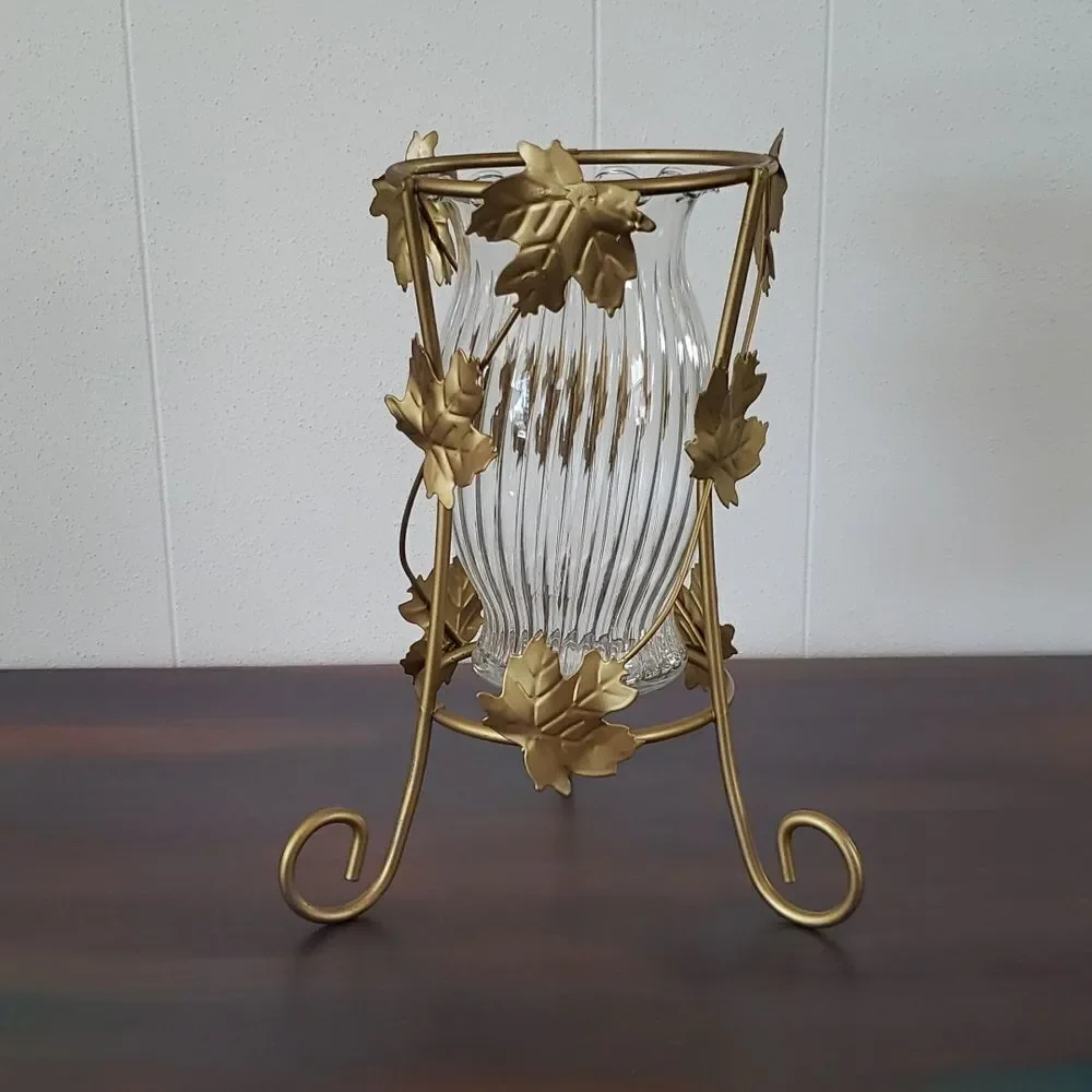 Pretty Gold Stand Leaf Design Vase/Candle Holder with Glass Container